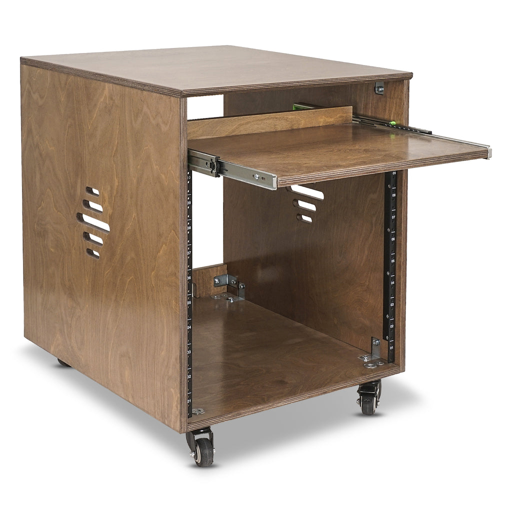 Sound Town SDRK-ST10B 10U Space Plywood Studio Equipment Rack Desk w/ Slide-Out Tray, Rubber Feet, Casters, for Recording, Podcasts, Broadcasts, Streaming, Weathered Brown - Standard 19" Mountable Device Cabinet