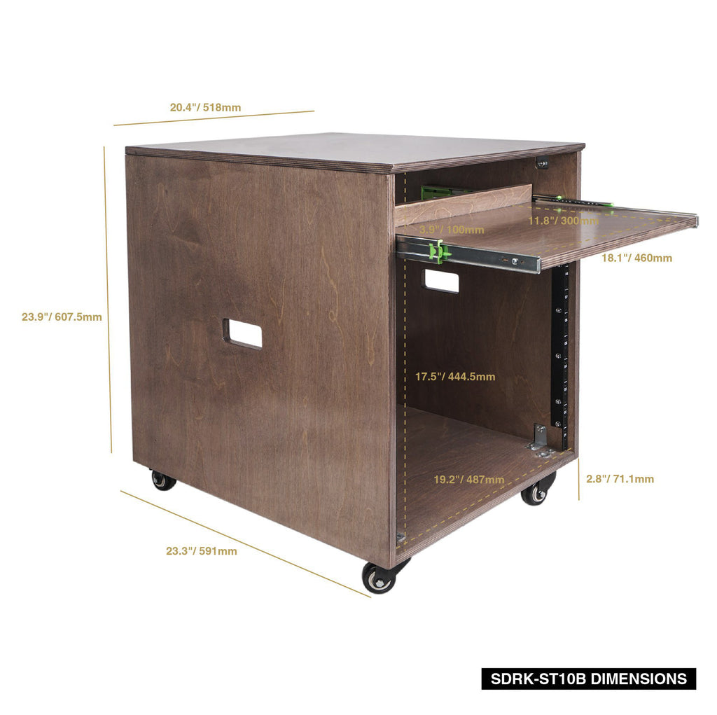 Sound Town SDRK-ST10B 10U Space Plywood Studio Equipment Rack Desk w/ Slide-Out Tray, Rubber Feet, Casters, for Recording, Podcasts, Broadcasts, Streaming, Weathered Brown - Size & Dimensions