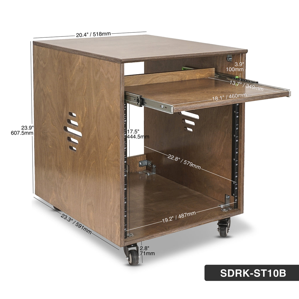 Sound Town SDRK-ST10B 10U Space Plywood Studio Equipment Rack Desk w/ Slide-Out Tray, Rubber Feet, Casters, for Recording, Podcasts, Broadcasts, Streaming, Weathered Brown - Size & Dimensions