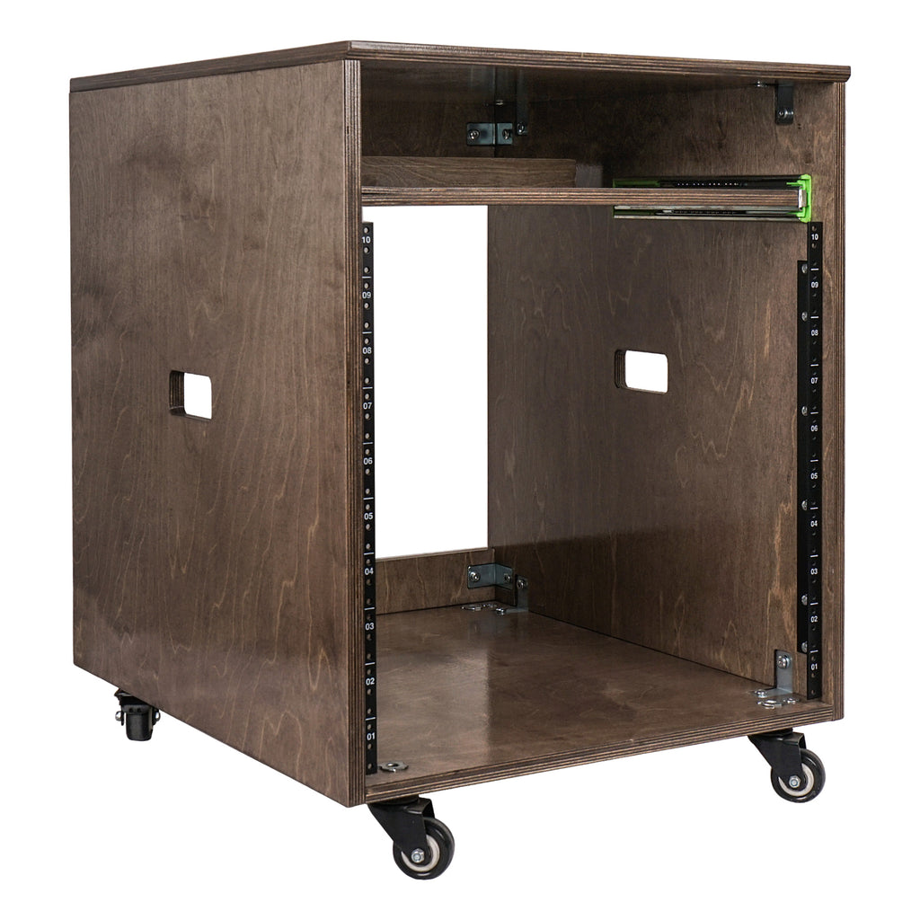 Sound Town SDRK-ST10B 10U Space Plywood Studio Equipment Rack Desk w/ Slide-Out Tray, Rubber Feet, Casters, for Recording, Podcasts, Broadcasts, Streaming, Weathered Brown - 19" Electronic Device Furniture