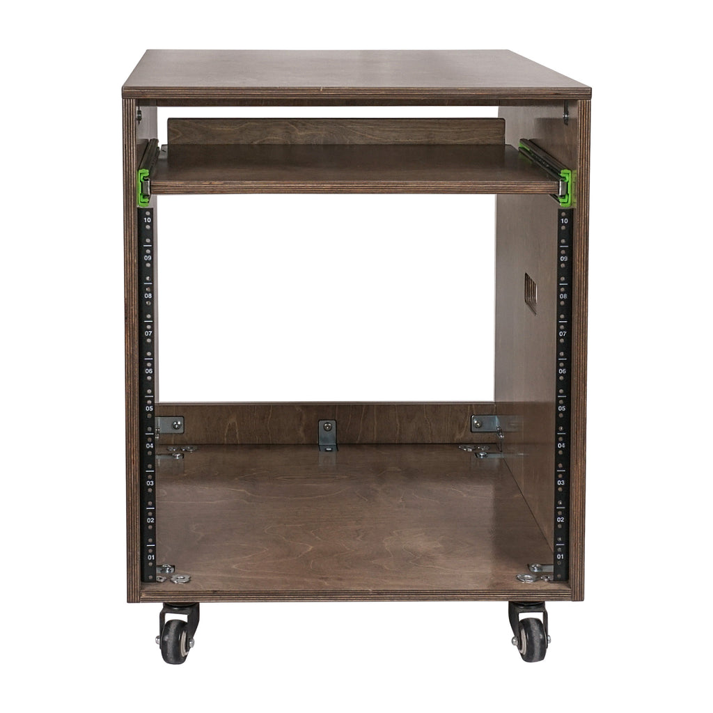 Sound Town SDRK-ST10B 10U Space Plywood Studio Equipment Rack Desk w/ Slide-Out Tray, Rubber Feet, Casters, for Recording, Podcasts, Broadcasts, Streaming, Weathered Brown - Mountable Devices