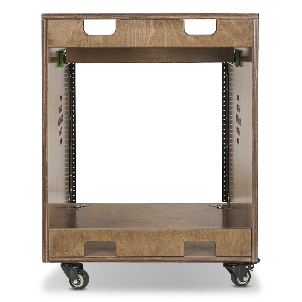 Sound Town SDRK-ST10B 10U Space Plywood Studio Equipment Rack Desk w/ Slide-Out Tray, Rubber Feet, Casters, for Recording, Podcasts, Broadcasts, Streaming, Weathered Brown - Mountable Devices
