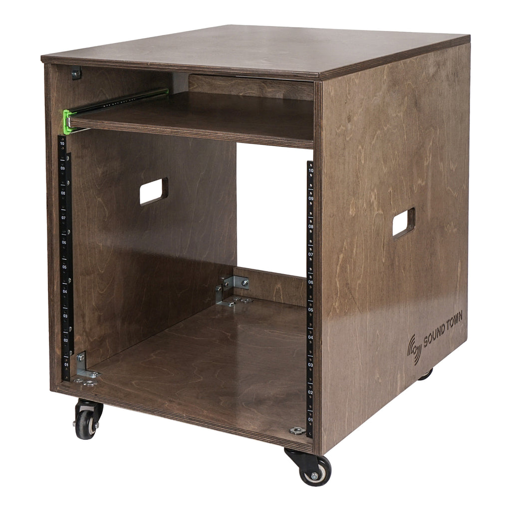 Sound Town SDRK-ST10B 10U Space Plywood Studio Equipment Rack Desk w/ Slide-Out Tray, Rubber Feet, Casters, for Recording, Podcasts, Broadcasts, Streaming, Weathered Brown - Workstation