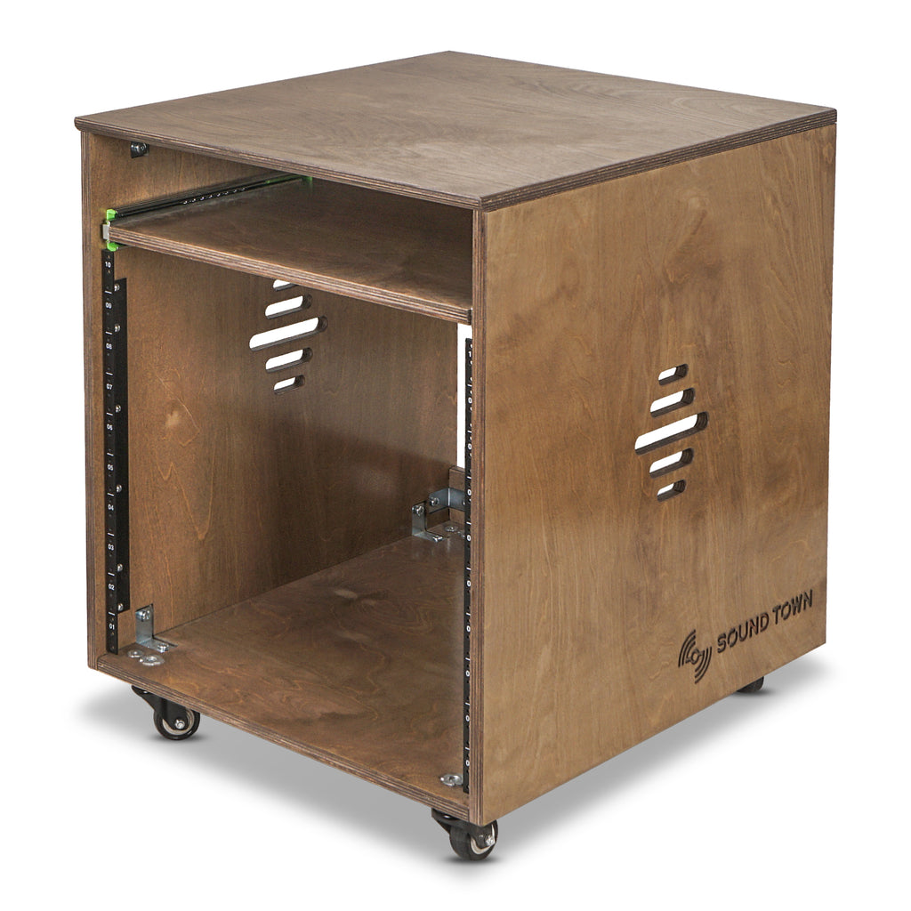 Sound Town SDRK-ST10B 10U Space Plywood Studio Equipment Rack Desk w/ Slide-Out Tray, Rubber Feet, Casters, for Recording, Podcasts, Broadcasts, Streaming, Weathered Brown - Workstation