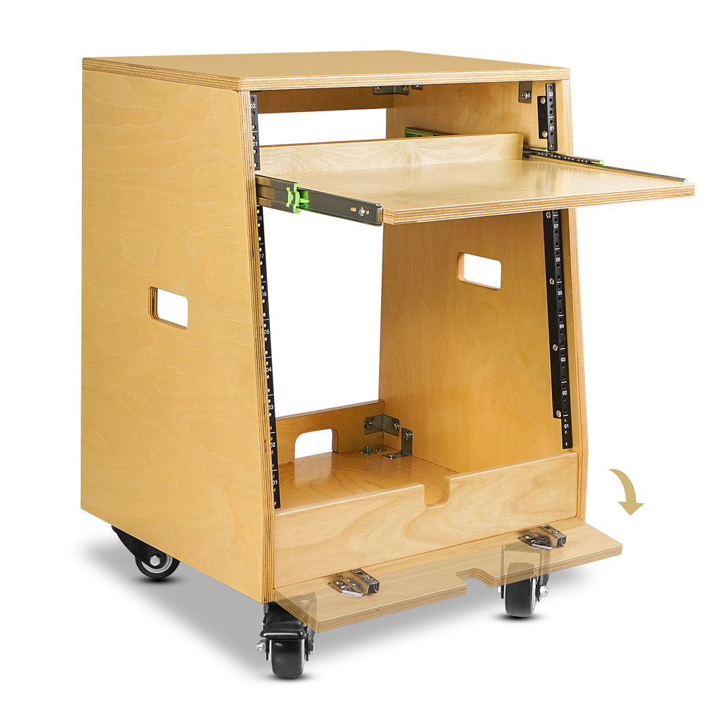 Sound Town SDRK-ST10T | DIY Slanted 10U Studio Rack (2U Top + 8U Lower), with 2U Bottom Storage, Slide-Out Tray, Caster, Plywood, Golden Oak - 2U bottom storage space with a flip-open cover, offering convenient storage options.