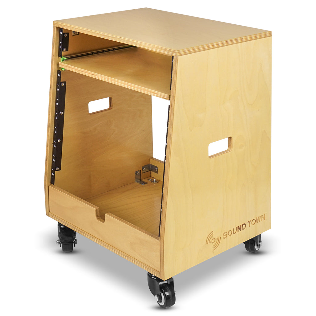 Sound Town SDRK-ST10T | DIY Slanted 10U Studio Rack (2U Top + 8U Lower), with 2U Bottom Storage, Slide-Out Tray, Caster, Plywood, Golden Oak - 7.5-degree Slant Angled Design