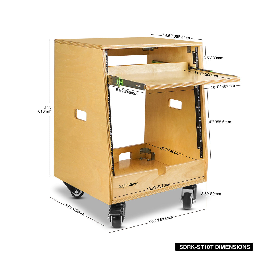 Sound Town SDRK-ST10T | DIY Slanted 10U Studio Rack (2U Top + 8U Lower), with 2U Bottom Storage, Slide-Out Tray, Caster, Plywood, Golden Oak  - Size and Dimensions