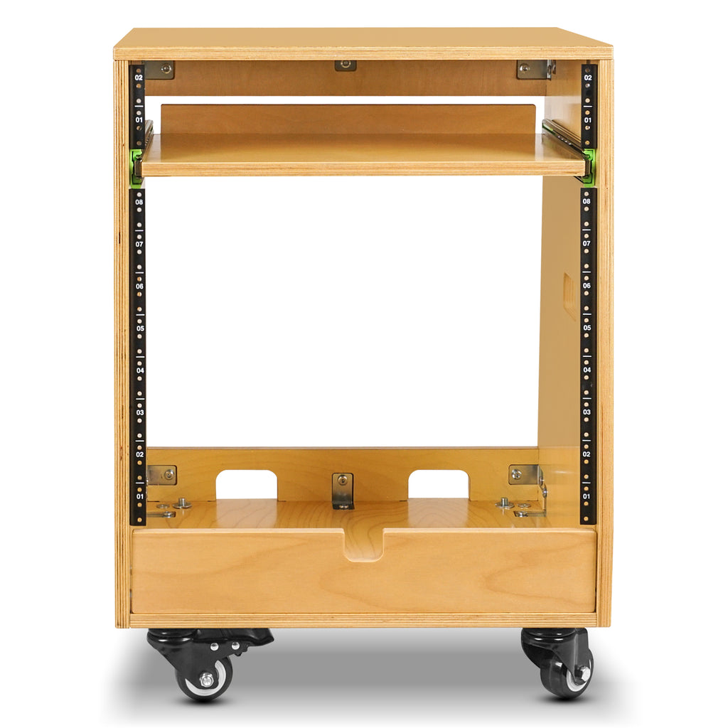 Sound Town SDRK-ST10T | DIY Slanted 10U Studio Rack (2U Top + 8U Lower), with 2U Bottom Storage, Slide-Out Tray, Caster, Plywood, Golden Oak - Rackmount