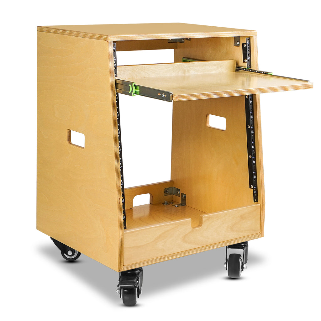 Sound Town SDRK-ST10T | DIY Slanted 10U Studio Rack (2U Top + 8U Lower), with 2U Bottom Storage, Slide-Out Tray, Caster, Plywood, Golden Oak - Including a 2U Top Section and an 8U Lower Section, Divided by a Slide-Out Tray.