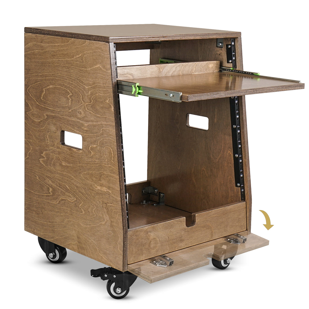 Sound Town SDRK-ST10TB | DIY Slanted 10U Studio Rack (2U Top + 8U Lower), with 2U Bottom Storage, Slide-Out Tray, Caster, Plywood, Weathered Brown - 2U bottom storage space with a flip-open cover, offering convenient storage options.