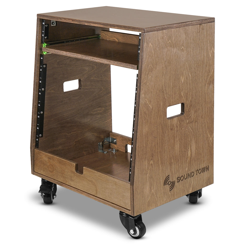 Sound Town SDRK-ST10TB | DIY Slanted 10U Studio Rack (2U Top + 8U Lower), with 2U Bottom Storage, Slide-Out Tray, Caster, Plywood, Weathered Brown - 7.5-degree Slant Angled Design