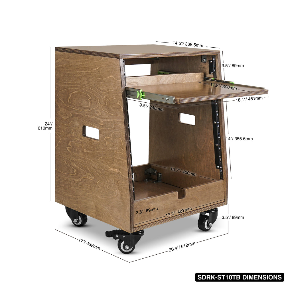 Sound Town SDRK-ST10TB | DIY Slanted 10U Studio Rack (2U Top + 8U Lower), with 2U Bottom Storage, Slide-Out Tray, Caster, Plywood, Weathered Brown - Size and Dimensions