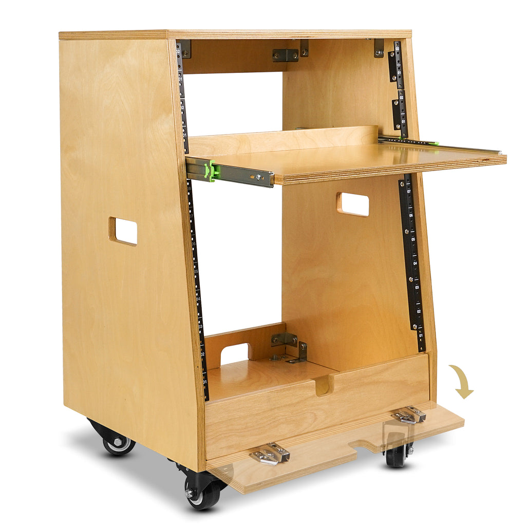 Sound Town SDRK-ST12T | DIY Slanted 12U Studio Rack (4U Top + 8U Lower), with 2U Bottom Storage, Slide-Out Tray, Caster, Plywood, Golden Oak - 2U bottom storage space with a flip-open cover, offering convenient storage options