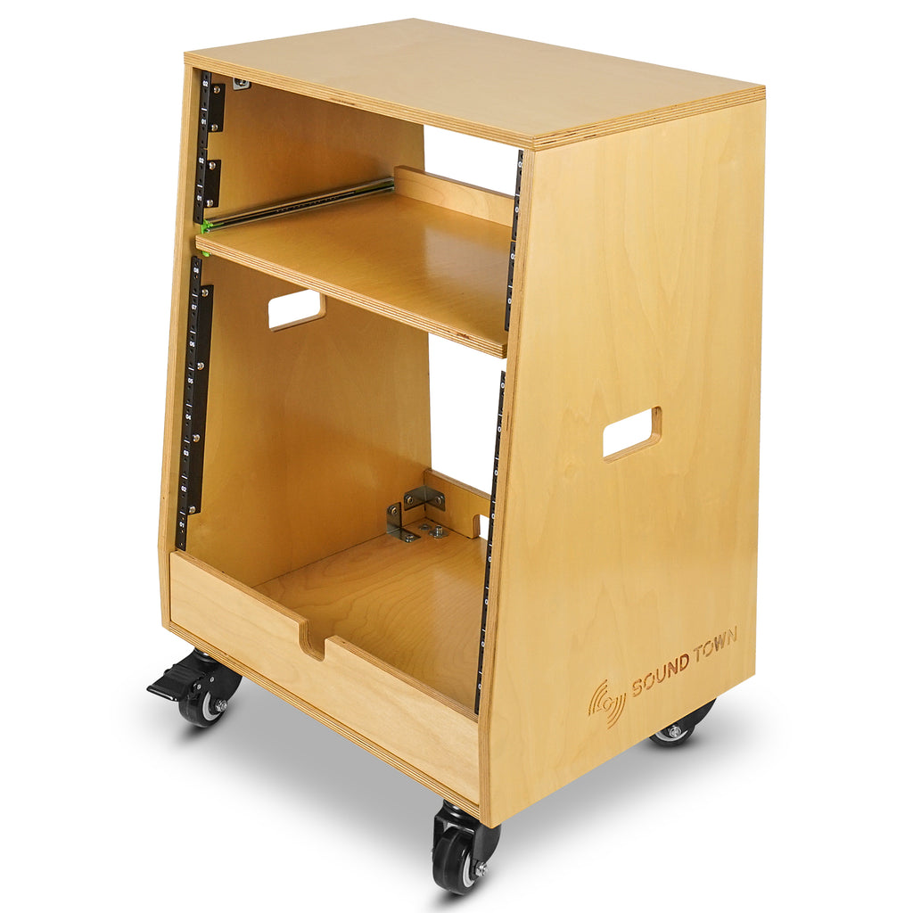 Sound Town SDRK-ST12T | DIY Slanted 12U Studio Rack (4U Top + 8U Lower), with 2U Bottom Storage, Slide-Out Tray, Caster, Plywood, Golden Oak - 7.5-degree Slant Angled Design