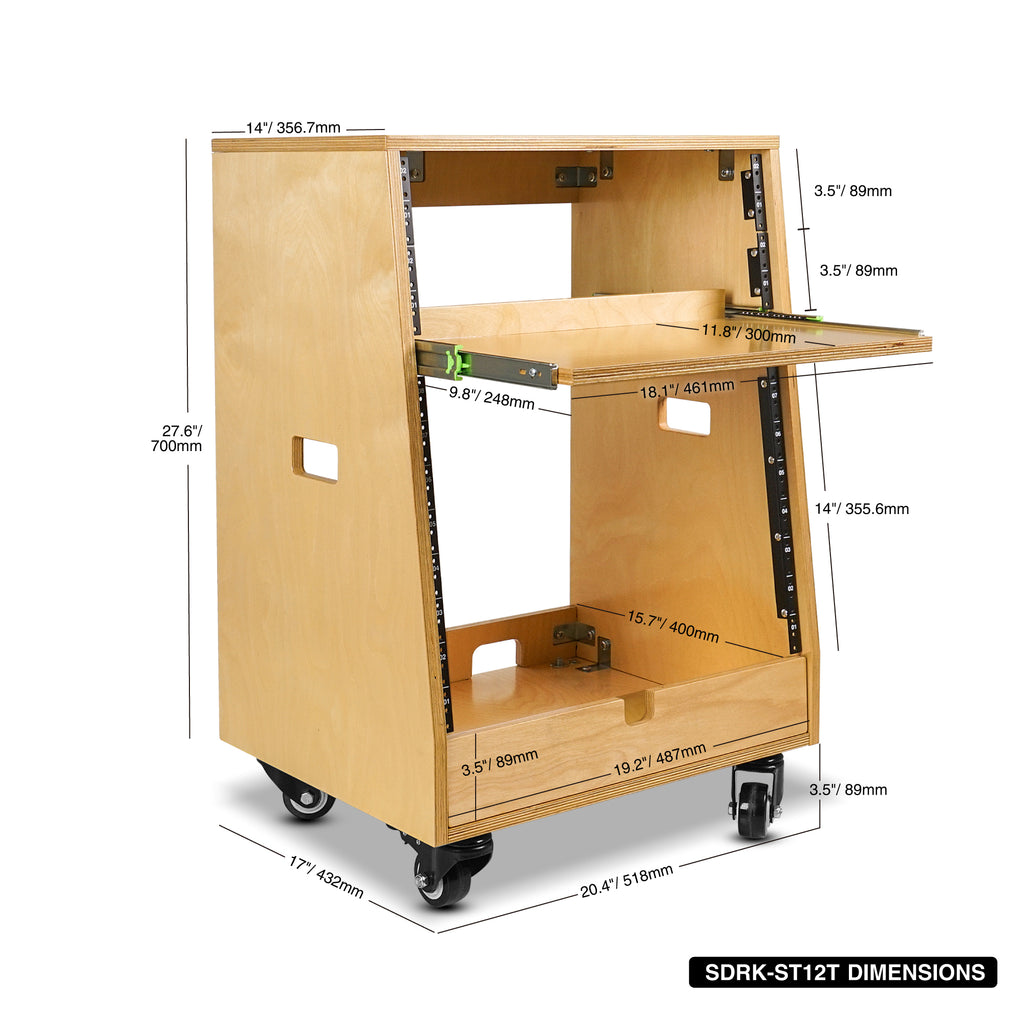 Sound Town SDRK-ST12T | DIY Slanted 12U Studio Rack (4U Top + 8U Lower), with 2U Bottom Storage, Slide-Out Tray, Caster, Plywood, Golden Oak - Size and Dimensions