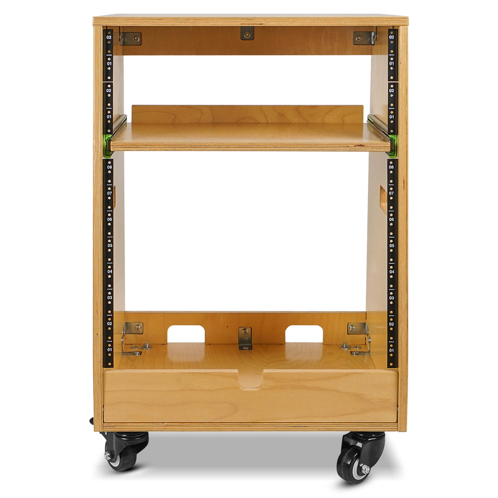 Sound Town SDRK-ST12T | DIY Slanted 12U Studio Rack (4U Top + 8U Lower), with 2U Bottom Storage, Slide-Out Tray, Caster, Plywood, Golden Oak - Rackmount