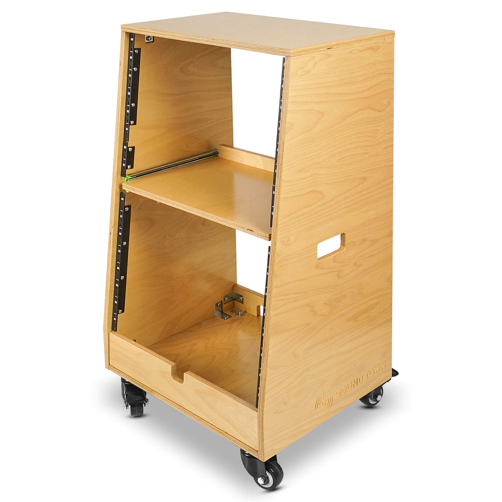 Sound Town SDRK-ST16T | DIY Slanted 16U Studio Rack (8U Top + 8U Lower), with 2U Bottom Storage, Slide-Out Tray, Caster, Plywood, Golden Oak - 7.5-degree Slant Angled Design