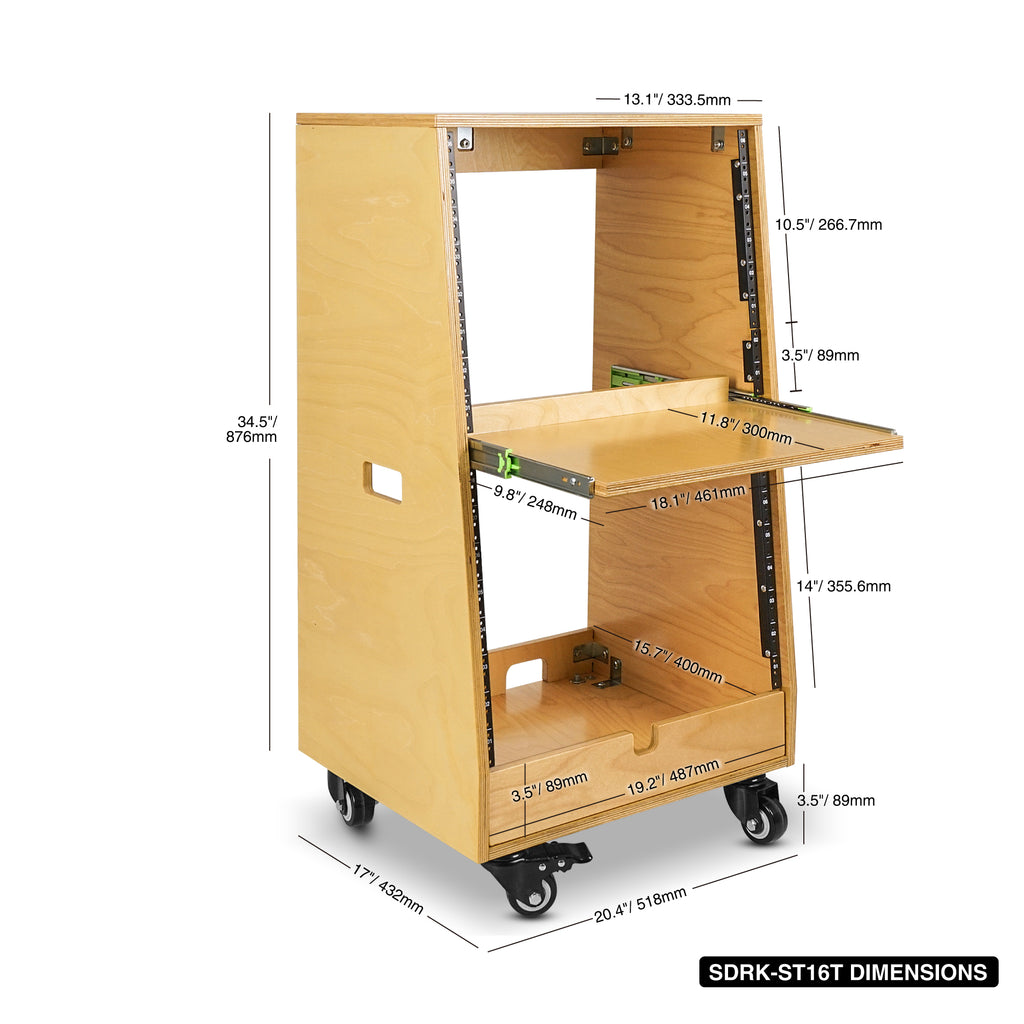 Sound Town SDRK-ST16T | DIY Slanted 16U Studio Rack (8U Top + 8U Lower), with 2U Bottom Storage, Slide-Out Tray, Caster, Plywood, Golden Oak - Size and Dimensions
