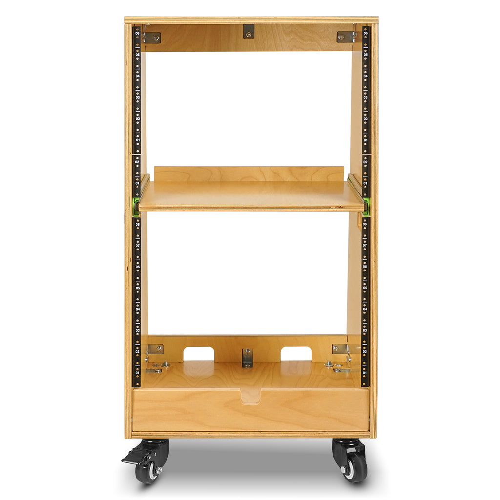Sound Town SDRK-ST16T | DIY Slanted 16U Studio Rack (8U Top + 8U Lower), with 2U Bottom Storage, Slide-Out Tray, Caster, Plywood, Golden Oak - Rackmount