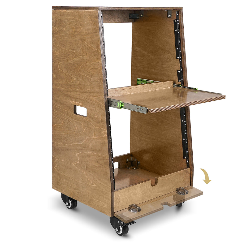 Sound Town SDRK-ST16TB | DIY Slanted 16U Studio Rack (8U Top + 8U Lower), with 2U Bottom Storage, Slide-Out Tray, Caster, Plywood, Weathered Brown - 2U bottom storage space with a flip-open cover, offering convenient storage options