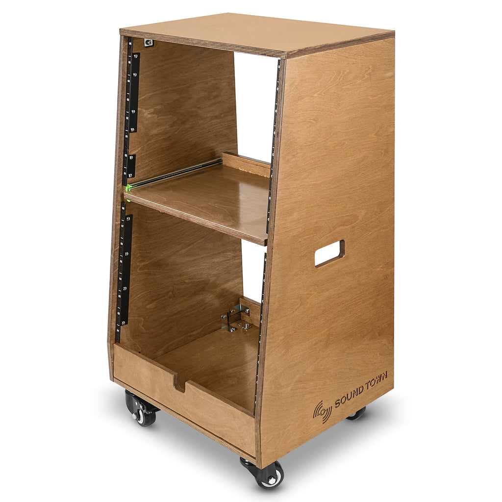 Sound Town SDRK-ST16TB | DIY Slanted 16U Studio Rack (8U Top + 8U Lower), with 2U Bottom Storage, Slide-Out Tray, Caster, Plywood, Weathered Brown - 7.5-degree Slant Angled Design