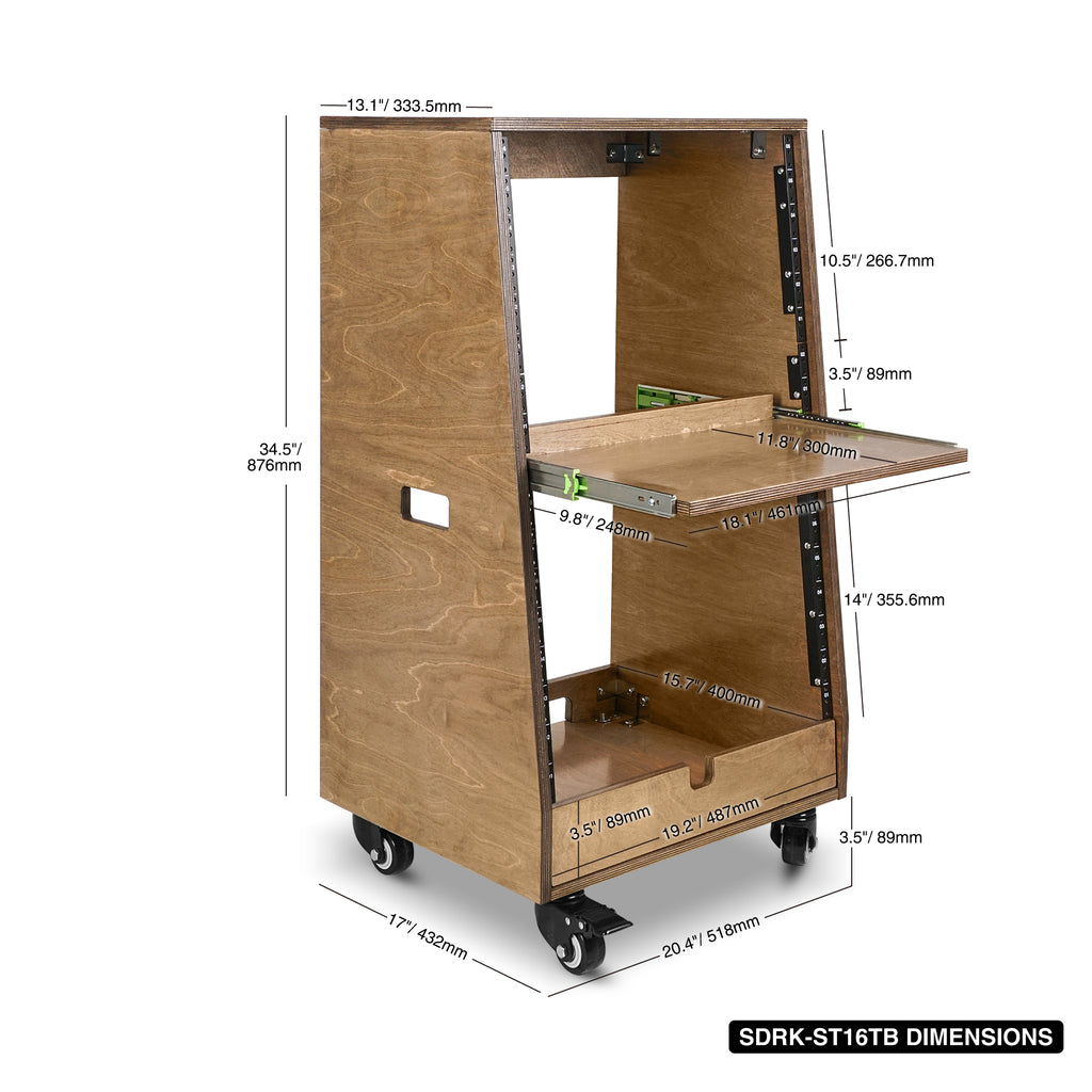 Sound Town SDRK-ST16TB | DIY Slanted 16U Studio Rack (8U Top + 8U Lower), with 2U Bottom Storage, Slide-Out Tray, Caster, Plywood, Weathered Brown - Size and Dimensions