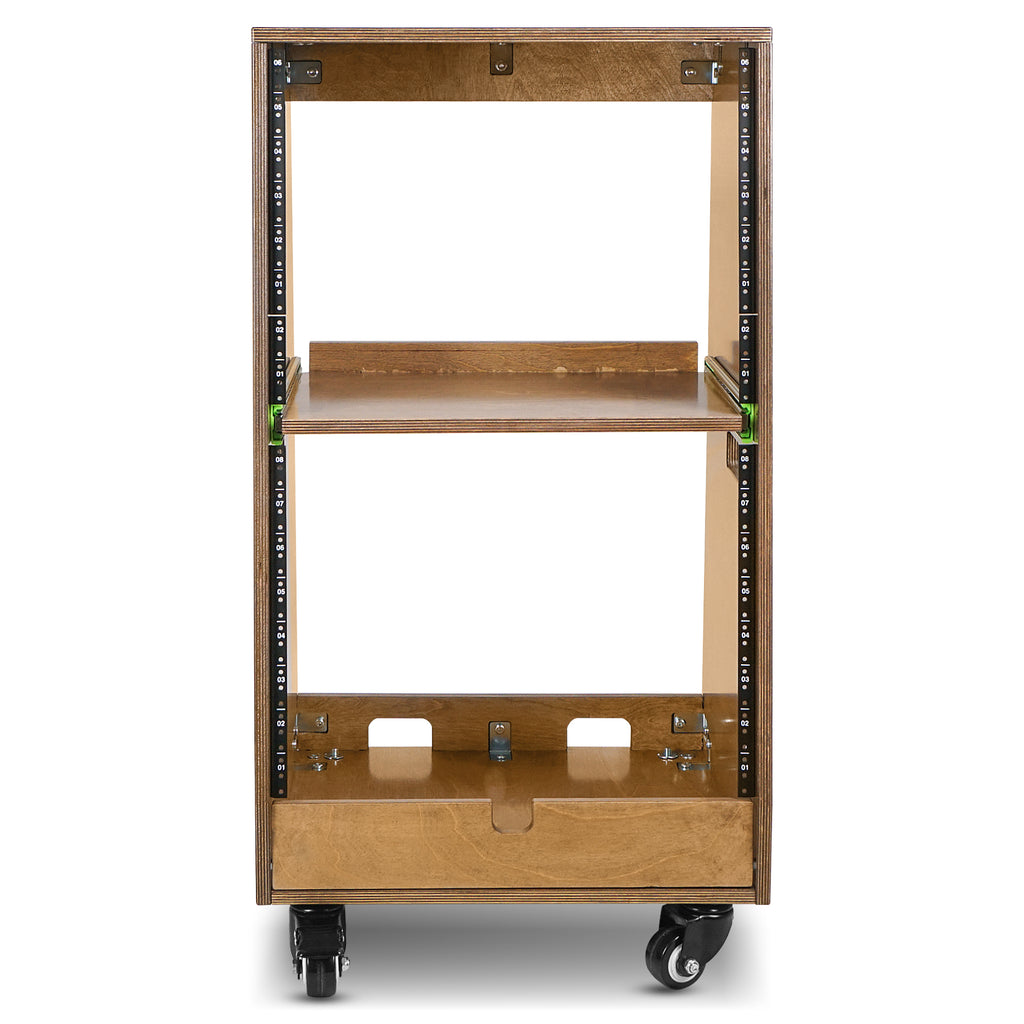 Sound Town SDRK-ST16TB | DIY Slanted 16U Studio Rack (8U Top + 8U Lower), with 2U Bottom Storage, Slide-Out Tray, Caster, Plywood, Weathered Brown - Rackmount