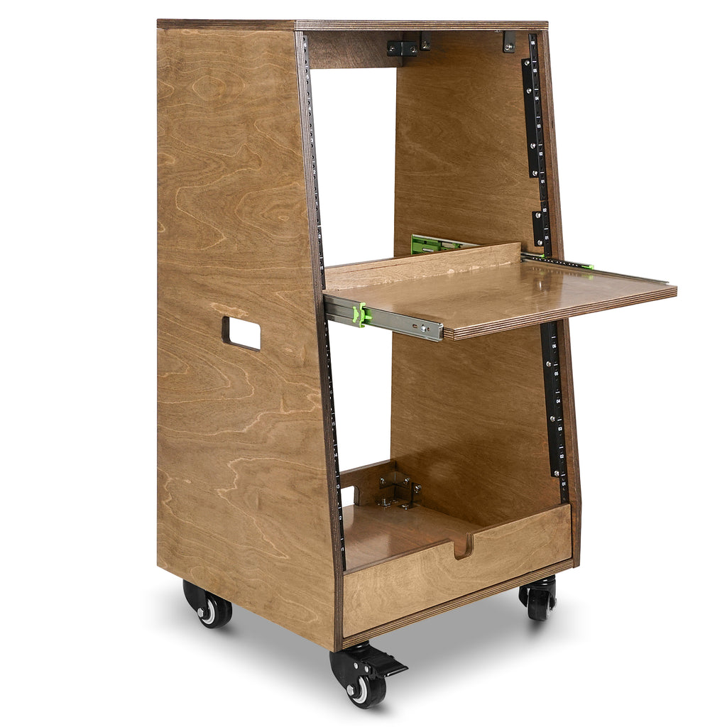 Sound Town SDRK-ST16TB | DIY Slanted 16U Studio Rack (8U Top + 8U Lower), with 2U Bottom Storage, Slide-Out Tray, Caster, Plywood, Weathered Brown