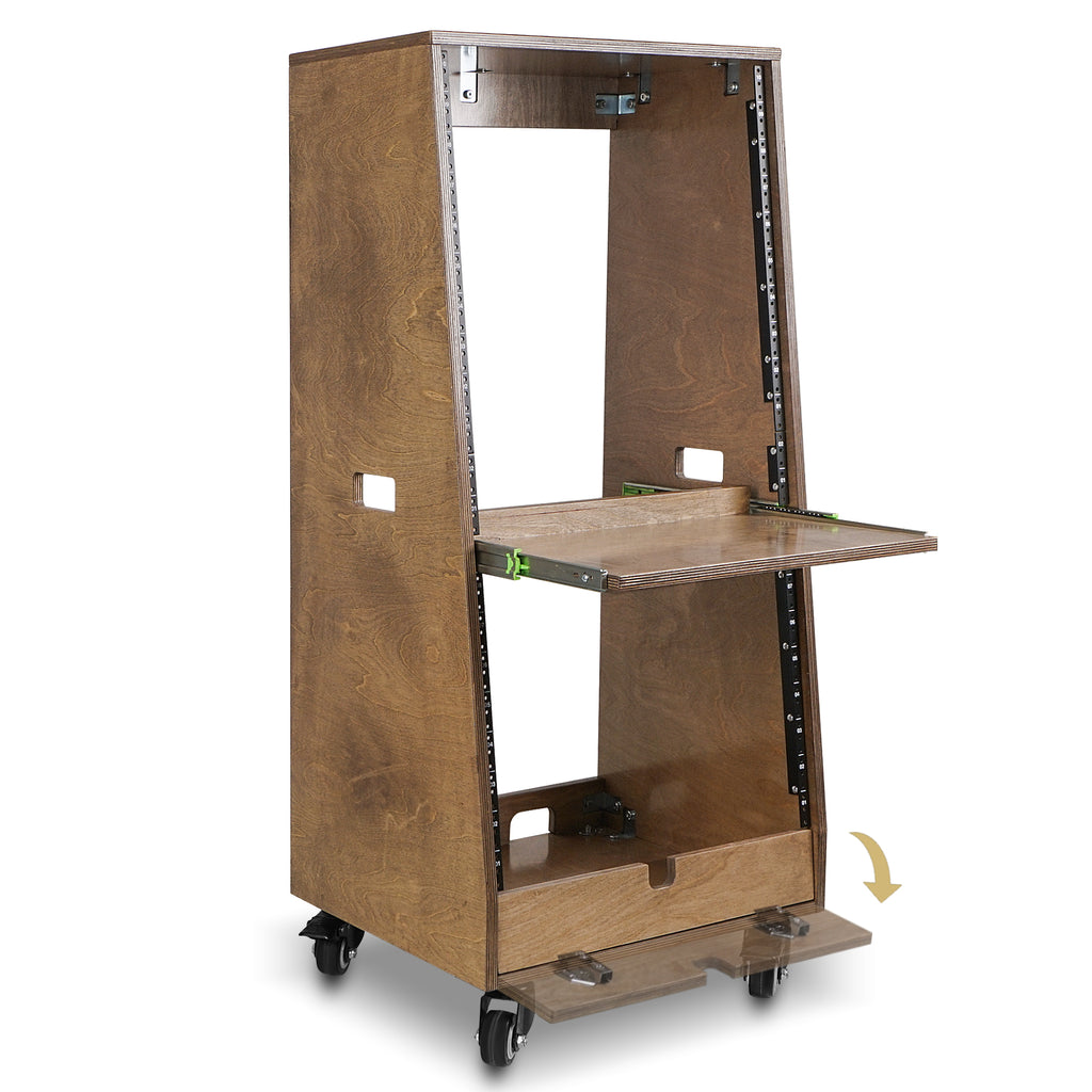 Sound Town SDRK-ST20TB | DIY Slanted 20U Studio Rack (12U Top + 8U Lower), with 2U Bottom Storage, Slide-Out Tray, Caster, Plywood, Weathered Brown - 2U bottom storage space with a flip-open cover, offering convenient storage options