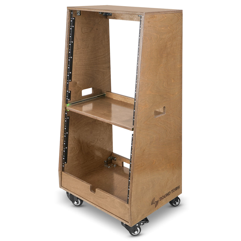 Sound Town SDRK-ST20TB | DIY Slanted 20U Studio Rack (12U Top + 8U Lower), with 2U Bottom Storage, Slide-Out Tray, Caster, Plywood, Weathered Brown - 7.5-degree Slant Angled Design