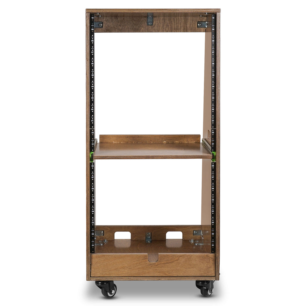 Sound Town SDRK-ST20TB | DIY Slanted 20U Studio Rack (12U Top + 8U Lower), with 2U Bottom Storage, Slide-Out Tray, Caster, Plywood, Weathered Brown - Rackmount