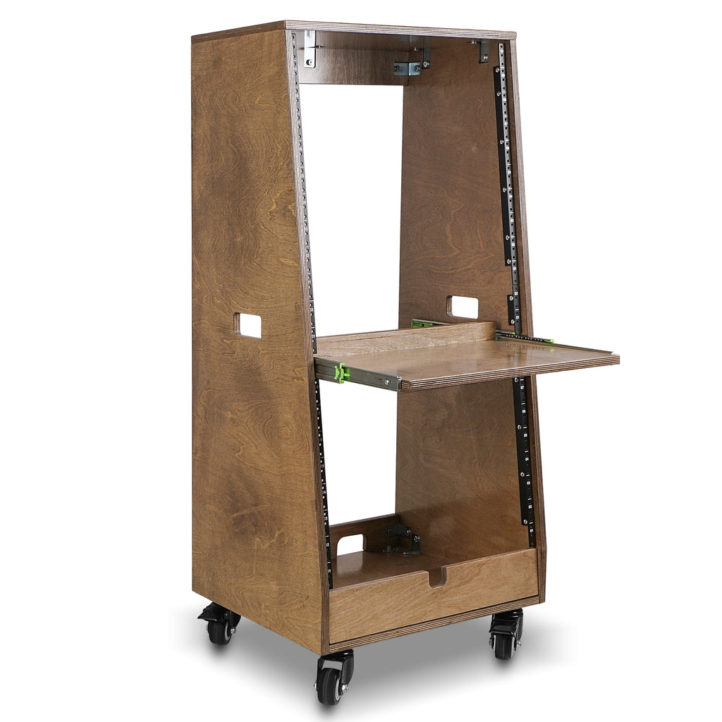 Sound Town SDRK-ST20TB | DIY Slanted 20U Studio Rack (12U Top + 8U Lower), with 2U Bottom Storage, Slide-Out Tray, Caster, Plywood, Weathered Brown