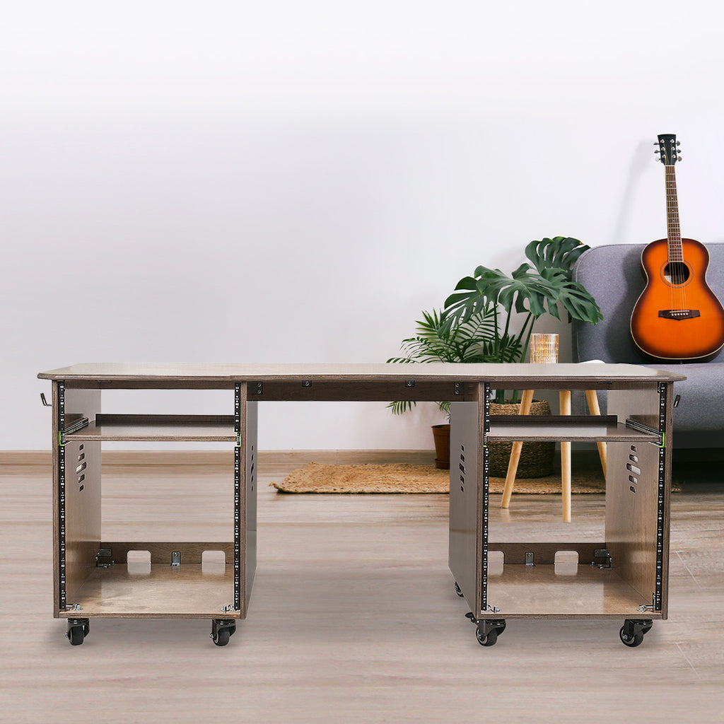 SDRK-WS69 | DIY Music Studio Rack Desk Workstation Furniture with 2 X 13U Side Cabinets, Two Slide-Out Trays, Casters, Plywood, Weathered Brown- Home Recording, Podcasting, Gaming, Video Editing, Streaming