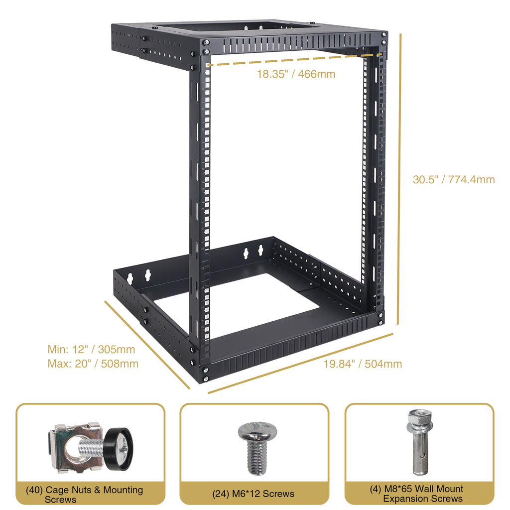 Sound Town ST2PWOR-A15U 2-Post 15U Wall-Mount Open Frame Server and Network Equipment Rack with Adjustable Depth 12"-20" - Package Contents, Included in the Box, Size and Dimensions, Screw Sizes