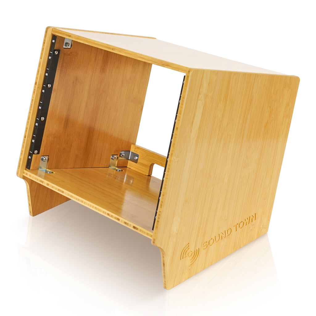Sound Town STBR-8SL | DIY 8U Angled Desktop Turret Studio Rack, Solid Carbonized Bamboo, Assembly Required - Slanted Design