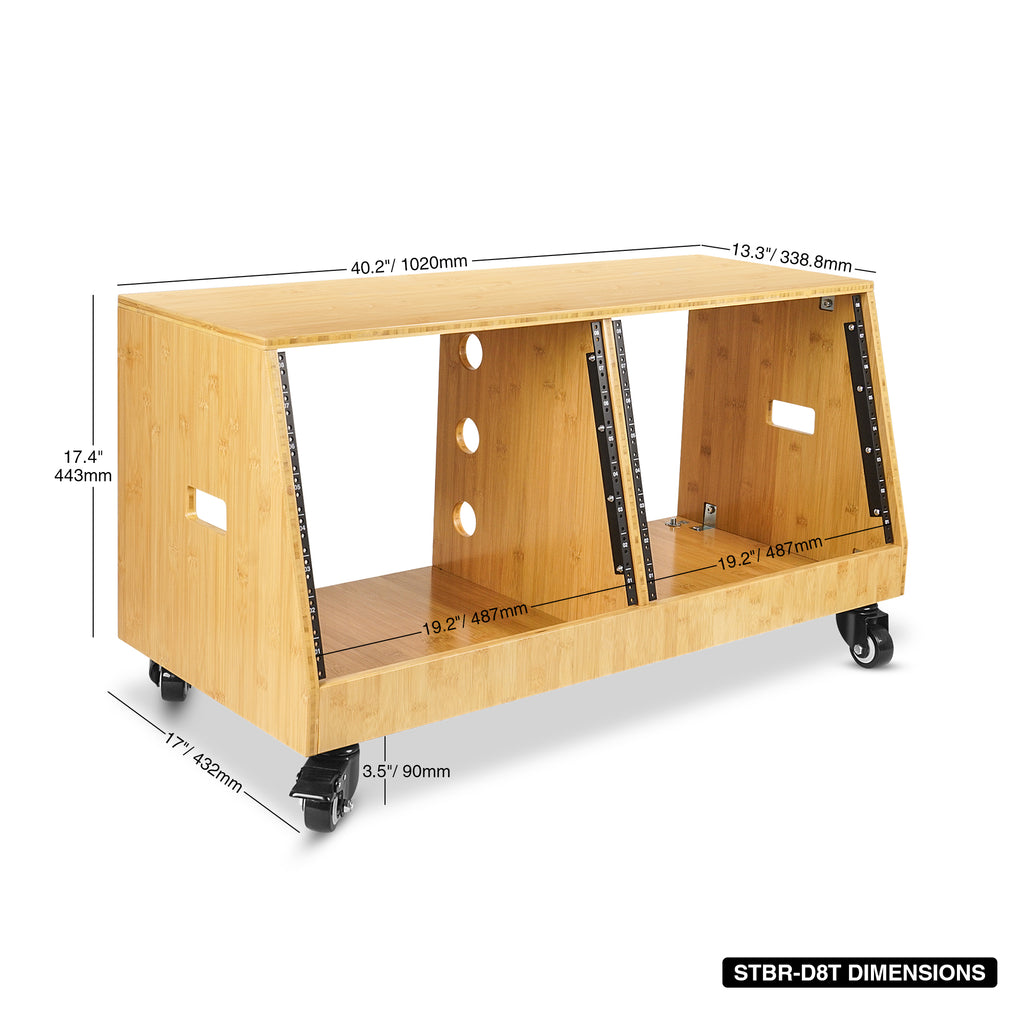 Sound Town STBR-D8T | DIY 2 x 8U Slanted Studio Rack with Solid Carbonized Bamboo, Casters, for Recording Room, Home Studio - Size and Dimensions