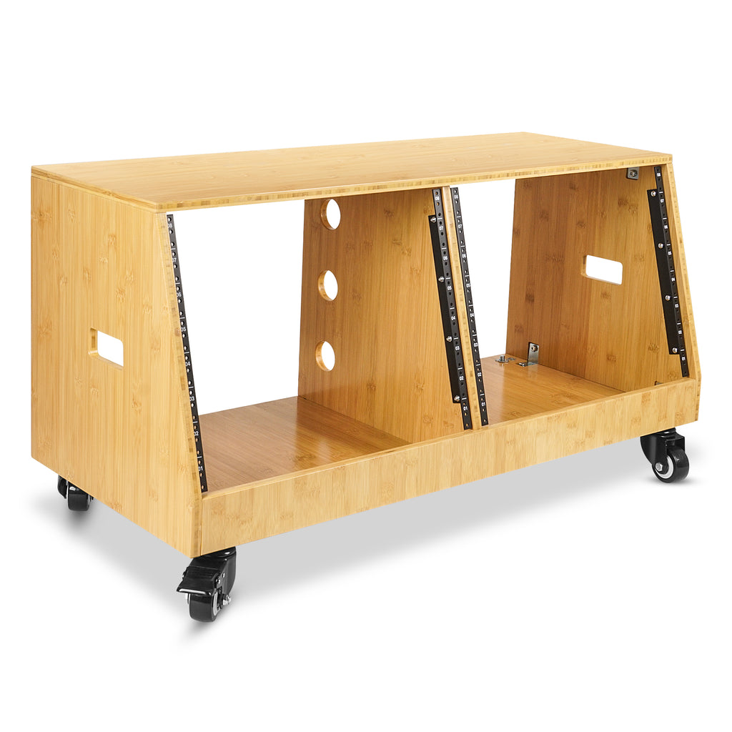 Sound Town STBR-D8T | DIY 2 x 8U Slanted Studio Rack with Solid Carbonized Bamboo, Casters, for Recording Room, Home Studio - Storage