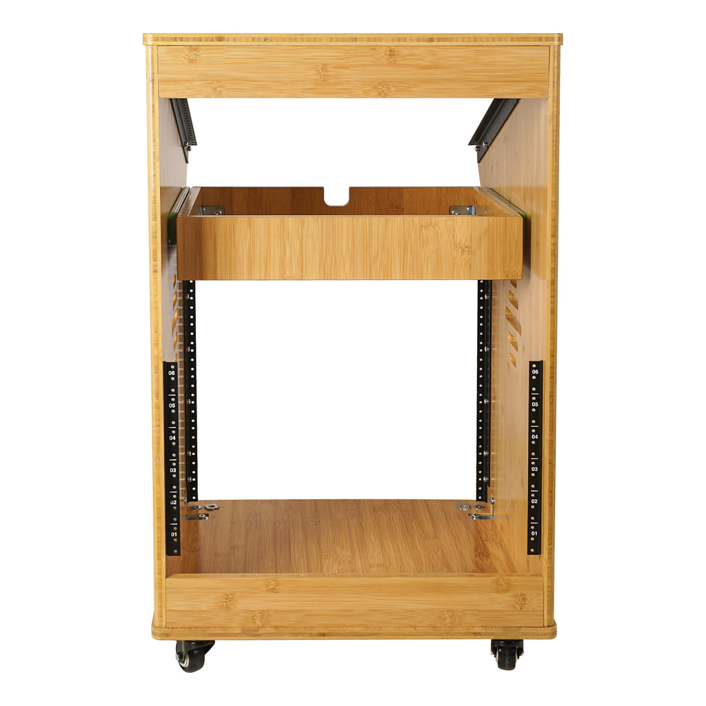 Sound Town STBR-M11X10 | DIY 10U Solid Carbonized Bamboo Studio Rack w/ 11U Top, 2U Drawer, Rubber Feet, Casters, for Recording Room, PA/DJ Equipment, Home-Audio - Back View