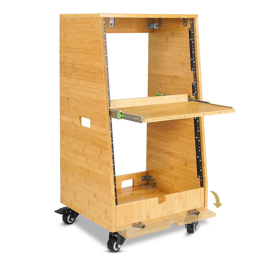 Sound Town STBR-ST16T | DIY Solid Carbonized Bamboo Slanted 16U Studio Rack(8U Top + 8U Lower), w/2U Bottom Storage, Golden Oak-Flip-Open-Cover