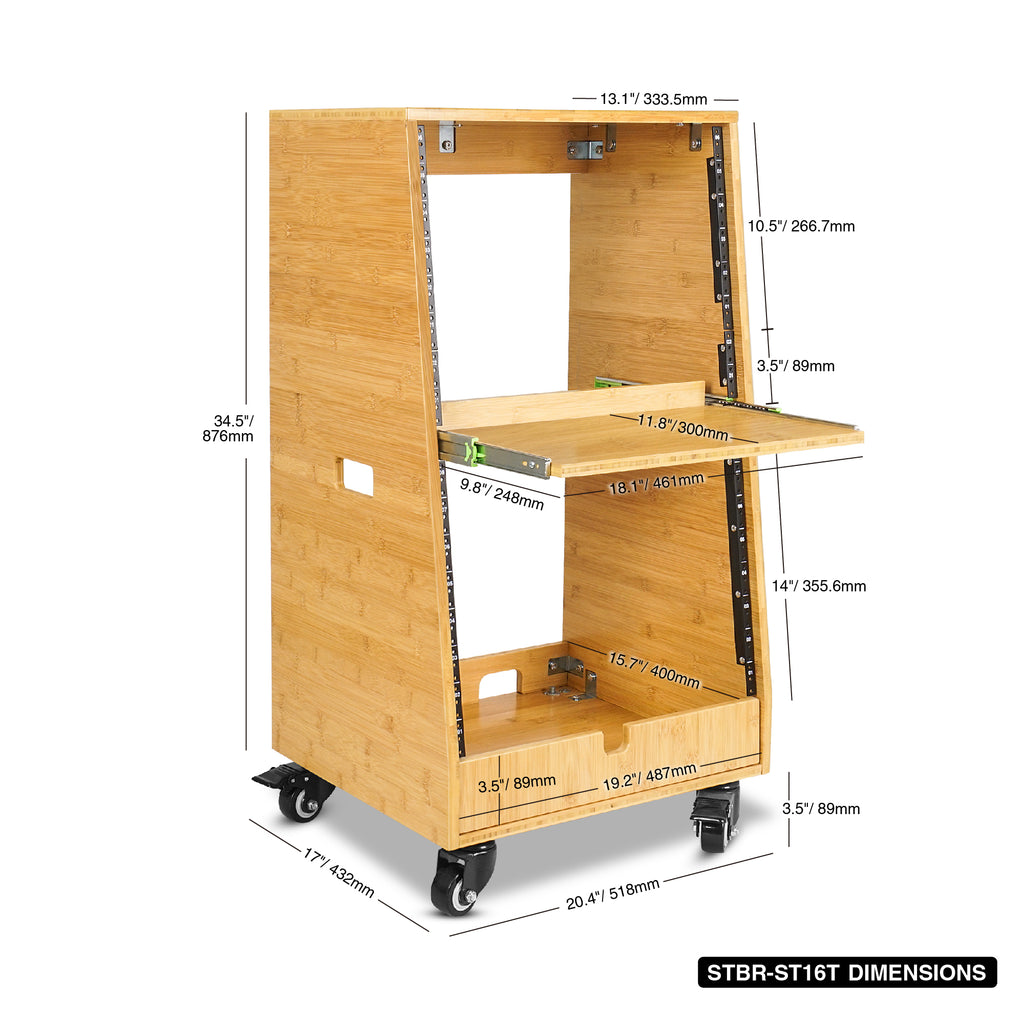 Sound Town STBR-ST16T DIY | Solid Carbonized Bamboo Slanted 16U Studio Rack(8U Top + 8U Lower), w/2U Bottom Storage, Golden Oak-Dimensions