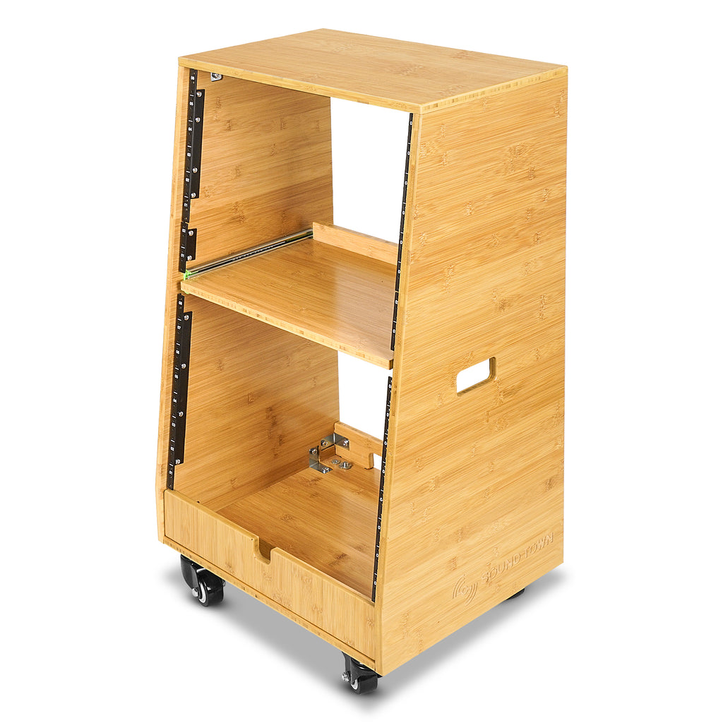 Sound Town STBR-ST16T | DIY Solid Carbonized Bamboo Slanted 16U Studio Rack(8U Top + 8U Lower), w/2U Bottom Storage, Golden Oak-Left