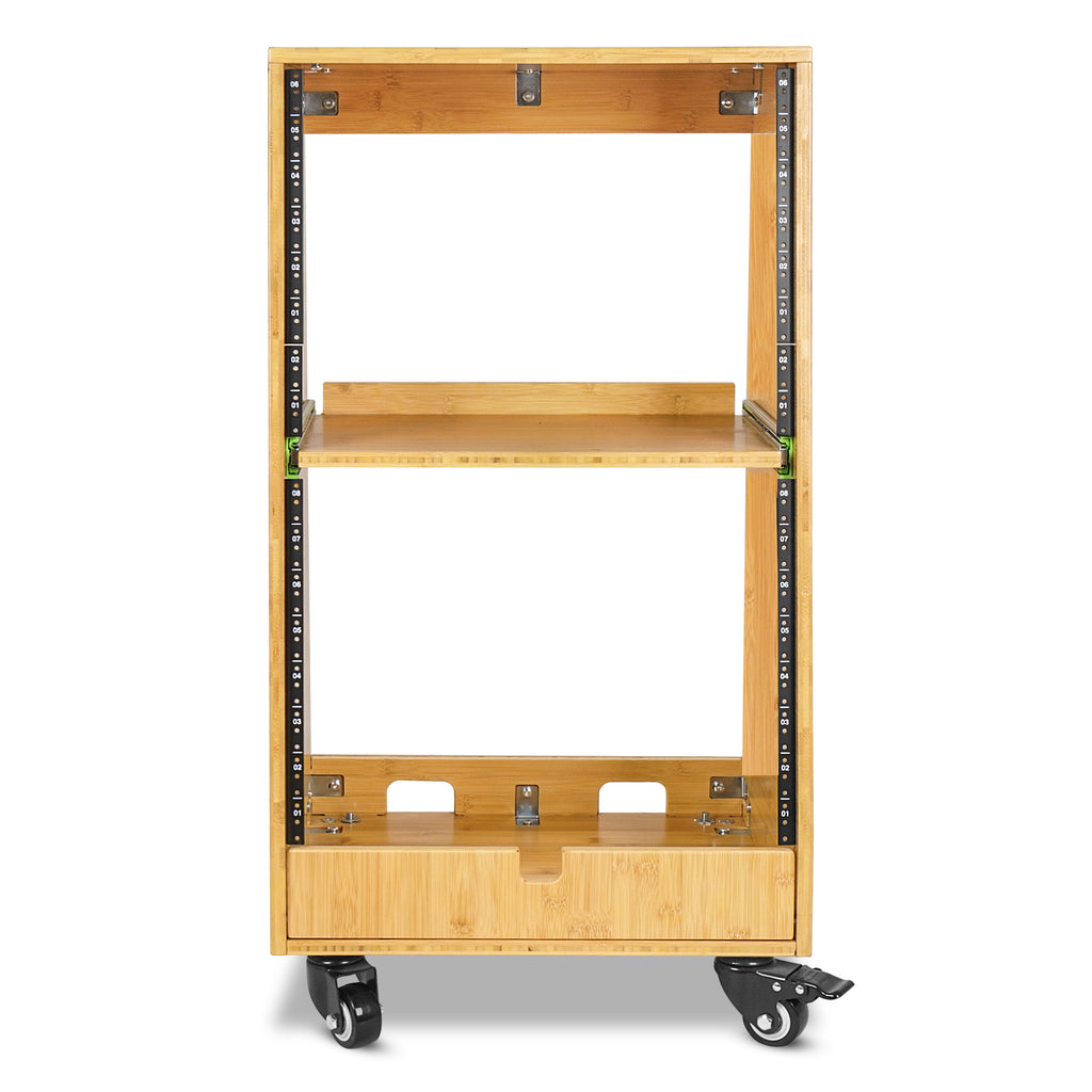 Sound Town STBR-ST16T | DIY Solid Carbonized Bamboo Slanted 16U Studio Rack(8U Top + 8U Lower), w/2U Bottom Storage, Golden Oak-Rackmount