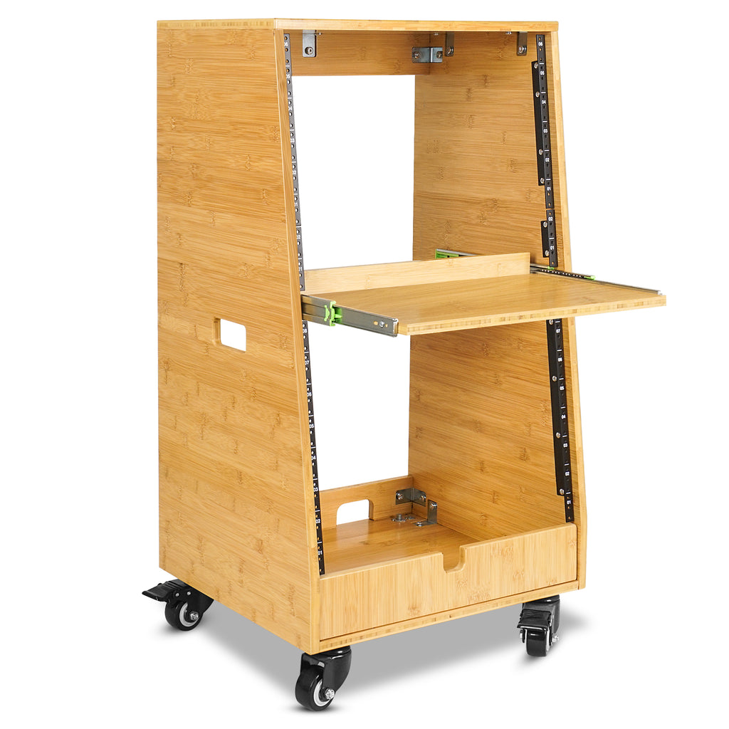Sound Town STBR-ST16T | DIY Solid Carbonized Bamboo Slanted 16U Studio Rack(8U Top + 8U Lower), w/2U Bottom Storage, Golden Oak-Right-Angle