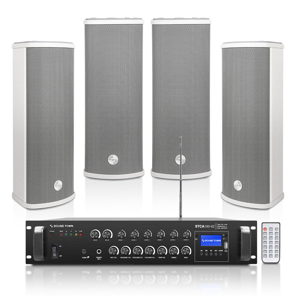 Sound Town STCA180X4CL25G | 6-Zone 70V/100V Commercial Restaurant Amplifier with Bluetooth And 4 x Dual 5-Inch Column Speakers, Grey