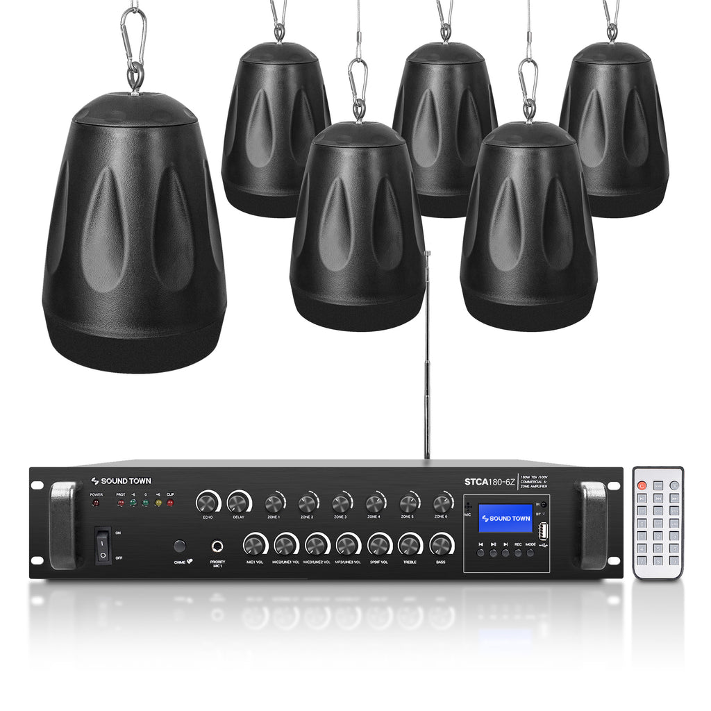 Sound Town STCA180X6PD4B | Commercial Restaurant Power Amplifier Pendant Speaker Set, w/ a 6-Zone 70V/100V Amplifier w/Bluetooth, Six 4“ Pendant Speakers, Black