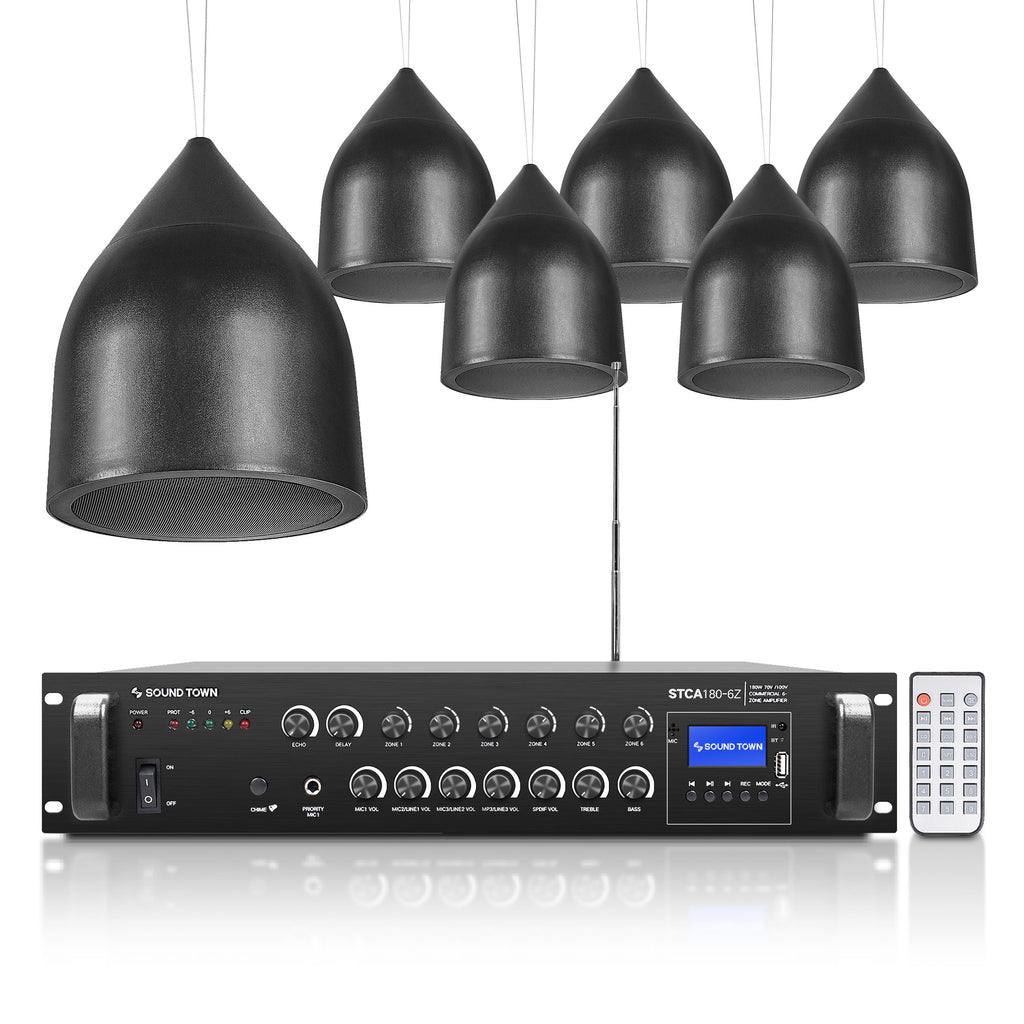 Sound Town STCA180X6PD6B | 6-Zone 70V/100V Commercial Restaurant Amplifier with Bluetooth And 6 x Weather-Resistant 6.5-Inch Pendant Speakers Set, Black