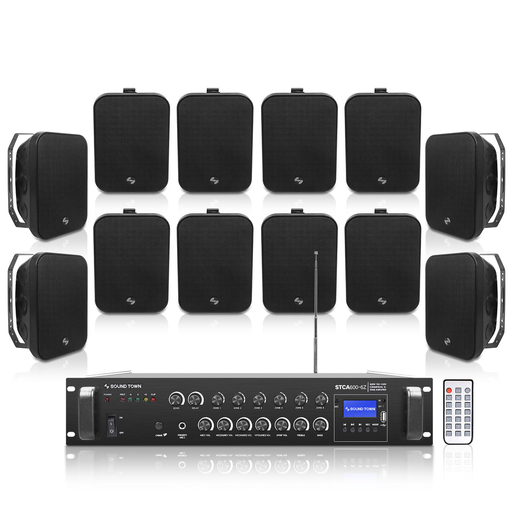 Sound Town STCA600X12MS6B | 6-Zone 70V/100V Commercial Amplifier and 12 x 6.5-Inch Surface-Mount Speakers Set, For Restaurants, Bars, Cafes, Schools, Churches, Black