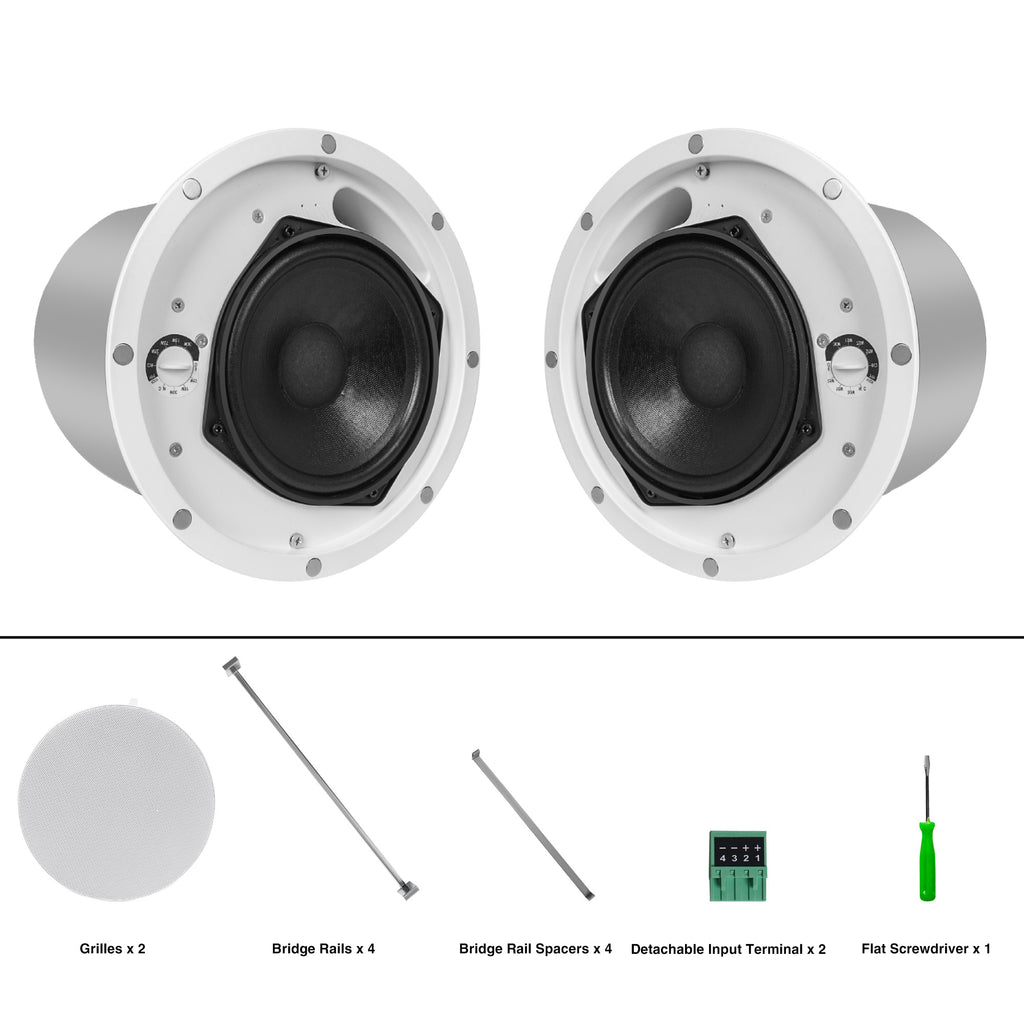 Sound Town STCS6C-PAIR | Pair of 6.5" Coaxial In-Ceiling Speakers with Metal Backcan and Tile Rails, 70V/100V/8-Ohm Switchable, Magnetic Grill, White - Package Contents