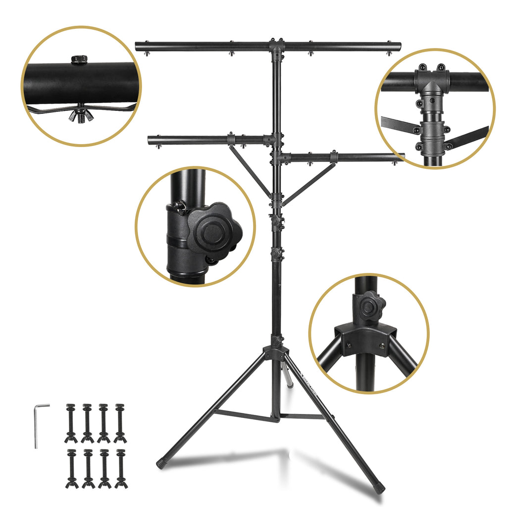 Sound Town STLS-M09-PAIR-R | REFURBISHED: 2-Pack DJ Lighting Stand, Height Adjustable, 9 ft Tall, with Side-bars and Tripod Base - Details