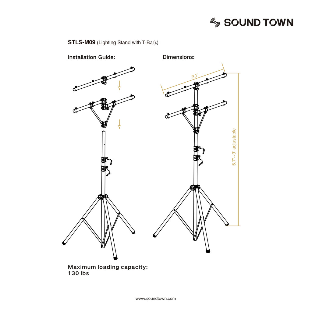 Sound Town STLS-M09-PAIR-R | REFURBISHED: 2-Pack DJ Lighting Stand, Height Adjustable, 9 ft Tall, with Side-bars and Tripod Base - Size and Dimensions